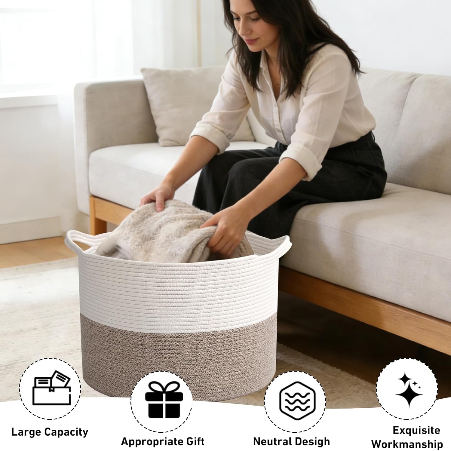 Regine Switzerland 65L Large Woven Cotton Rope Basket - Stylish Laundry Hamper for Bedroom & Living Room, White & Brown