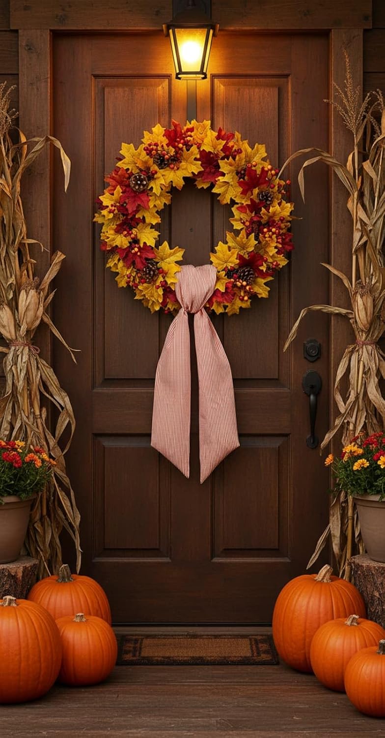 Orange Striped Wreath Sash - Fall Thanksgiving Bow for Door Decoration | 5.12" Wide x 54" Long