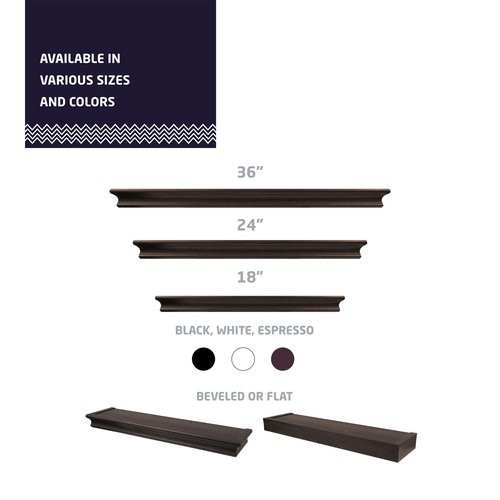 HIGH & MIGHTY 515612 Decorative 24" Floating Shelf Holds up to 20lbs, Easy Tool-Free Dry Wall Installation, Beveled, Retail Packaging, Espresso