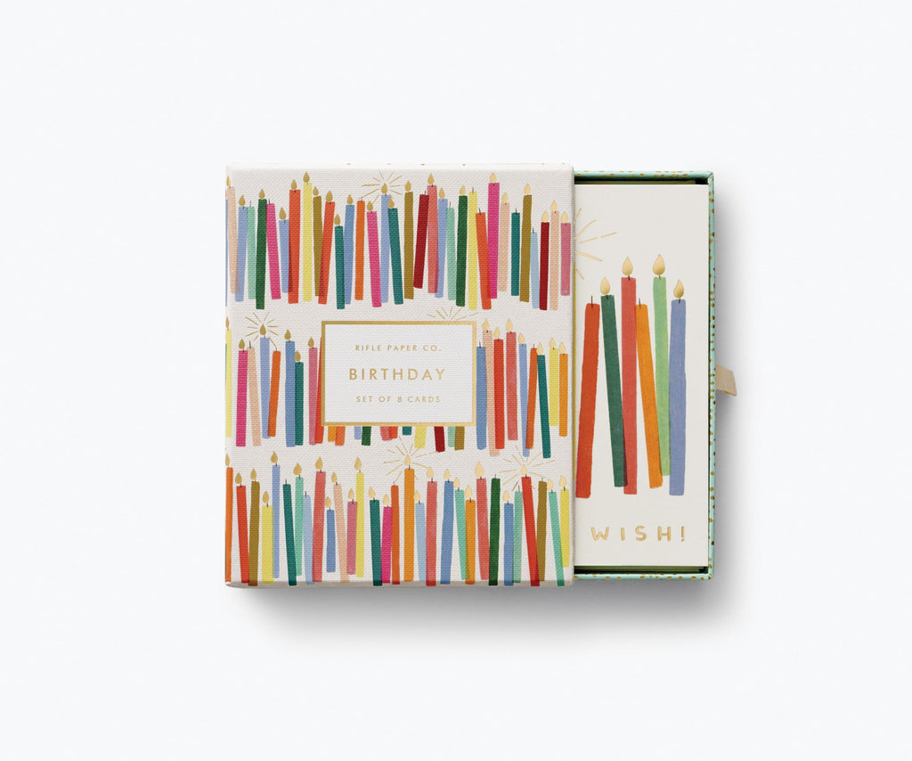 RIFLE PAPER CO. Birthday Candles Keepsake Card Boxed Set of 8, 4.25" L x 5.5" W Blank Interior Lets Your Thoughtful Handwritten Note Take Center Stage, Artisanally Crafted in the USA
