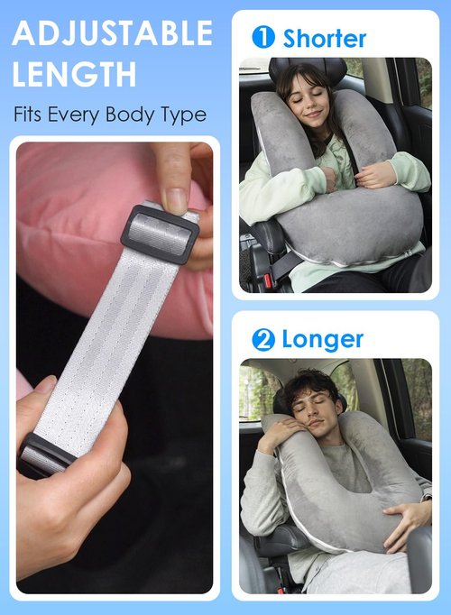 QUEEN ROSE Car Travel Pillow for Sleeping, Adjustable Head Support for Adults & Kids, Breathable Soft Neck Cushion for Road Trips, Machine Washable Cover, Grey