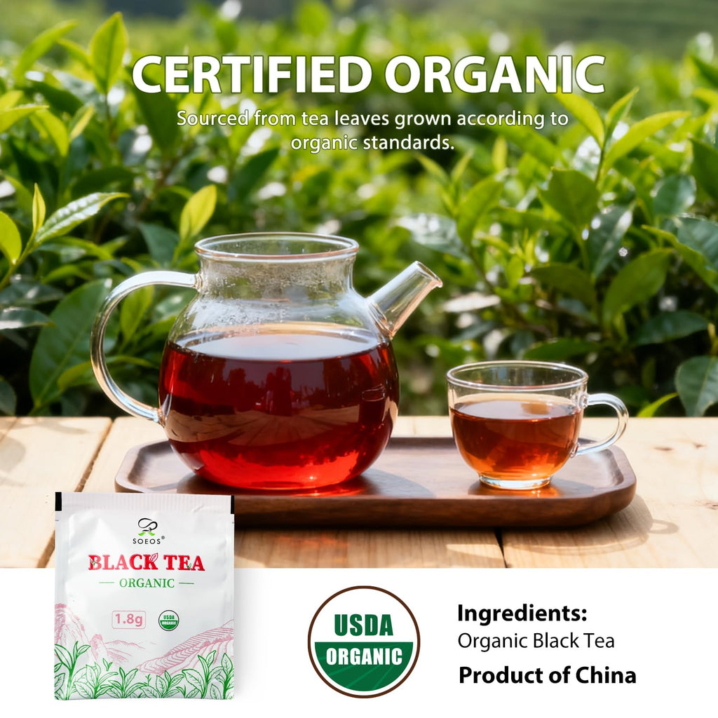 Soeos Organic Black Tea Bags - Bold Aroma & Smooth Flavor | 6.3oz (180g) Pack of 2