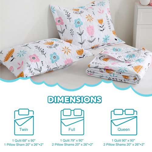 Girls Pink Floral Quilt Set Twin Size Kids Bedding Sets Lightweight Summer Bedspread Soft Microfiber Breathable Bed Comforter All-Season