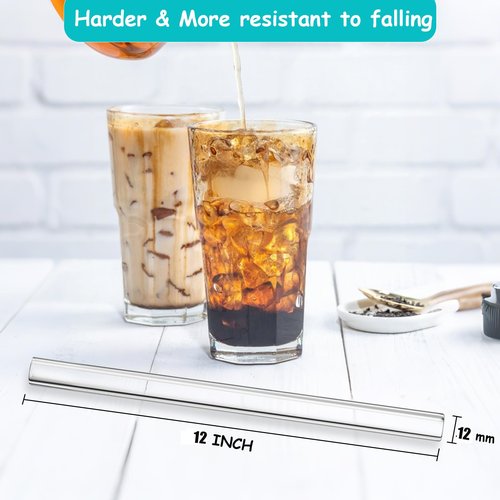 Extra Wide 12mm Glass Straws - 12 Inch Reusable Straws for 40oz Tumblers, Borosilicate Drinking Straws for Smoothies & Thick Drinks, Shatter Resistant, BPA Free, Clear
