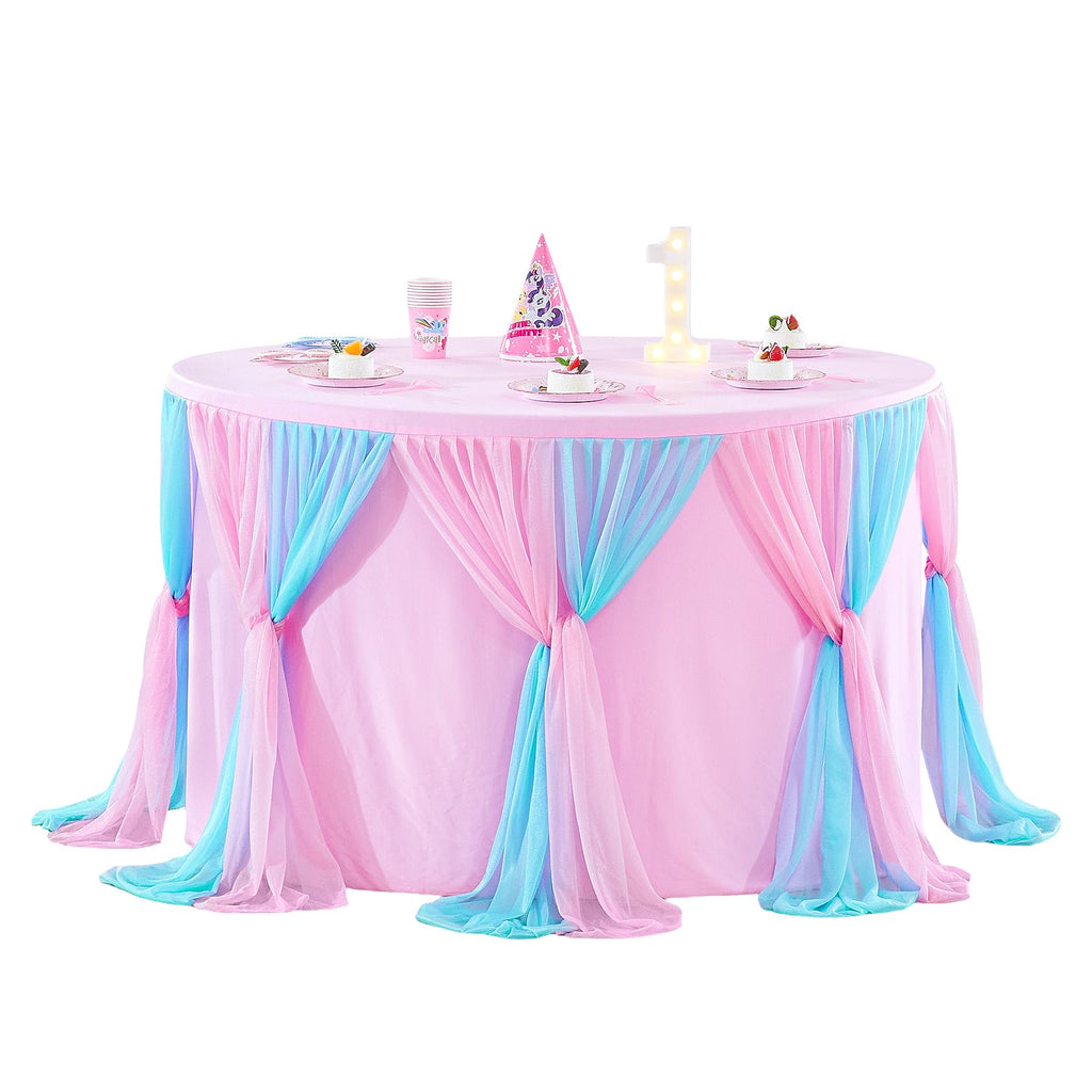 Besutolife Blue Pink Tablecloth for Round Tables 6ft Tulle Table Skirt for Baby Shower Birthday Party Dining Table Buffet Parties Camping