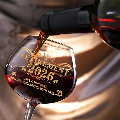 2026 Retirement Gifts for Women, Personalized Art Words Red Wine Glass Set, Pink Gift Package with Goblet, Key Chain, Wine Bag, and Farewell Card for Retired Woman