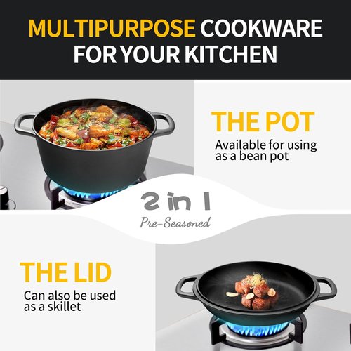 Edging Casting 2-in-1 Pre-Seasoned Cast Iron Dutch Oven & Skillet Lid | 7QT Cooking Pan for Baking & Frying
