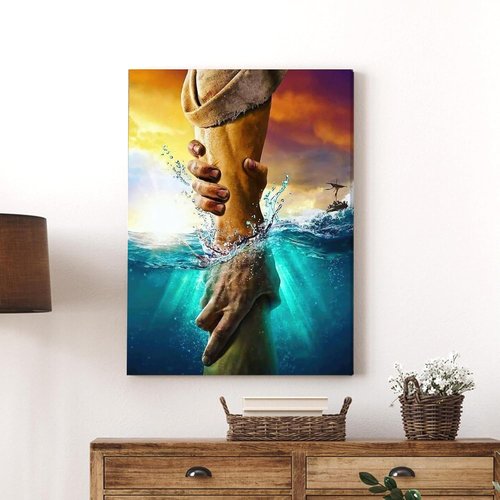 Framed Jesus Christ Canvas Wall Art - The Hand of God Reaching Into Water | 12" x 16" Christian Decor