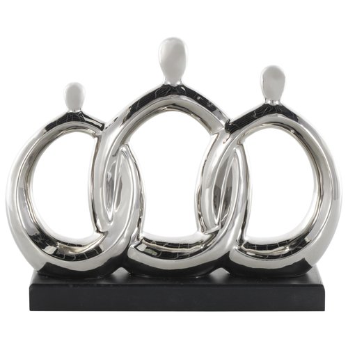 Deco 79 Ceramic Family 3 Figure Sculpture with Black Rectangular Base, 12" x 1" x 10", Silver