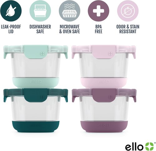 Ello Duraglass Refresh 4-Pack | 2-Cup Reusable Glass Containers with Leak-Proof Lids & Silicone Sleeves | BPA-Free & Dishwasher Safe