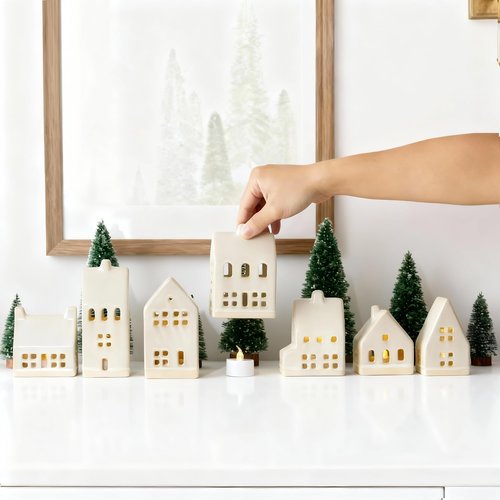 Mokof Christmas Village Set - 7 White Ceramic Houses with Remote LED Tea Lights and 8 Mini Trees, Farmhouse Christmas Decorations Indoor for Fireplace, Mantel, Tabletop, Shelves Winter Holiday Decor