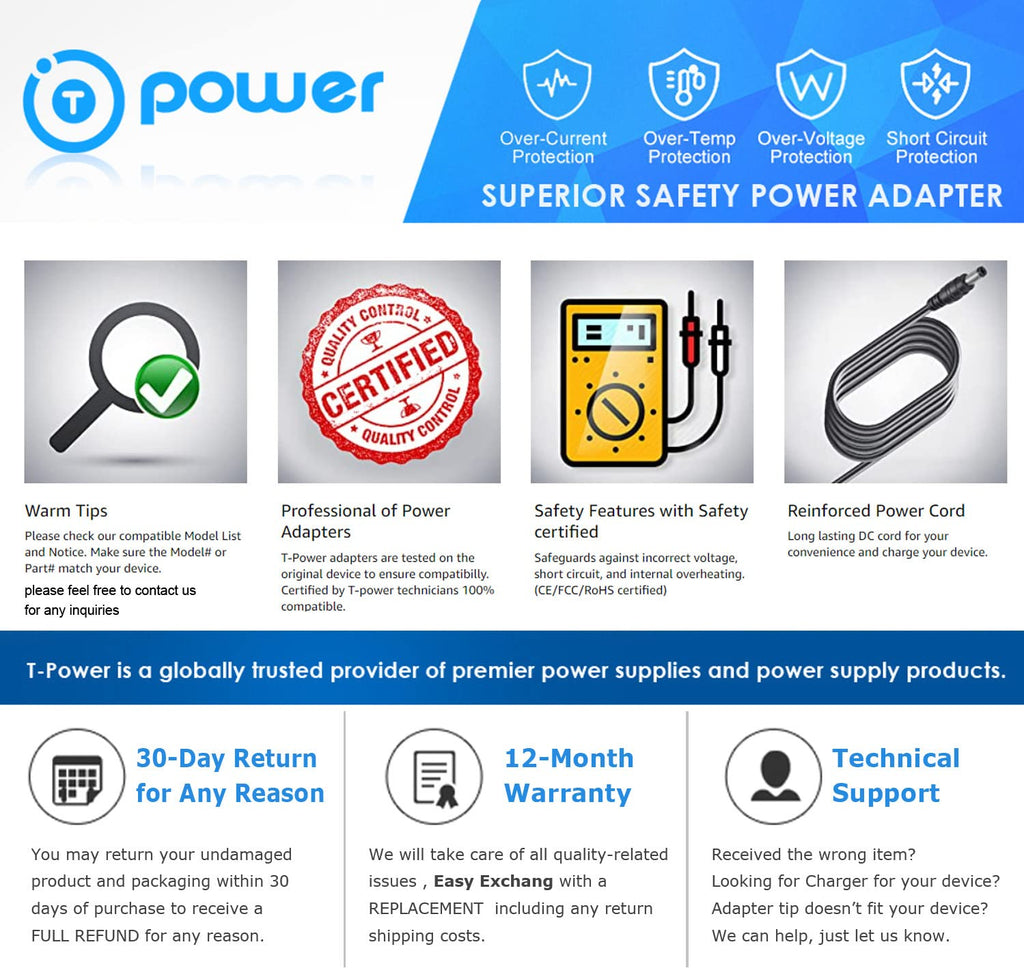 T-Power Charger for Shark Vertex DK33-288080H-U IZ440 IZ460 IZ480 IZ440H IZ440H26 IZ441H IZ462H IZ482H IZ483H XCHRIZ440H XFBT750 Class 2 Power Supply Cord Charger