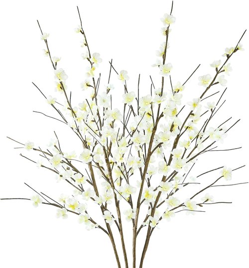 Krissing Artificial Cherry Blossom Branches - 39” Tall White Faux Flowers for Home & Wedding Decor