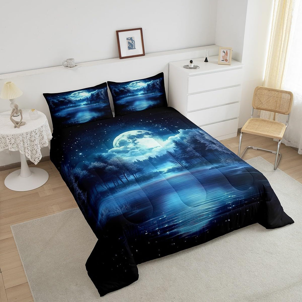 jejeloiu Moon Tree Lake Comforter Set King Size Kids Natural Scenery Bedding Set for Boys Girls Teens Starry Night Sky Comforter Breathable Nature Duvet Set Room Decor Quilt Set