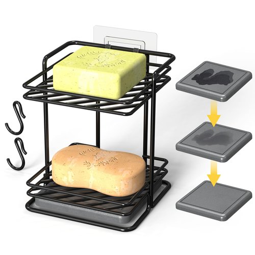 NiHome 2-Tier Soap Holder with Diatomite Mat, Rustproof Metal Shower Organizer for Bar Soap, Shampoo Bars, Sponges, Skincare, Fast-Drainage Open Slot Rack for Bathroom and Kitchen Countertops