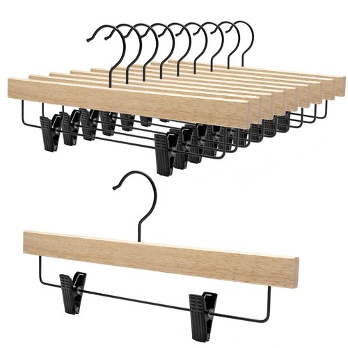 Nature Smile Deluxe Wooden Pants Hangers,Solid Rubber Wood Jeans Skirt Hanger with Black Adjustable Clips and Rotatable Hook Pack of 10(Natural Varnished)