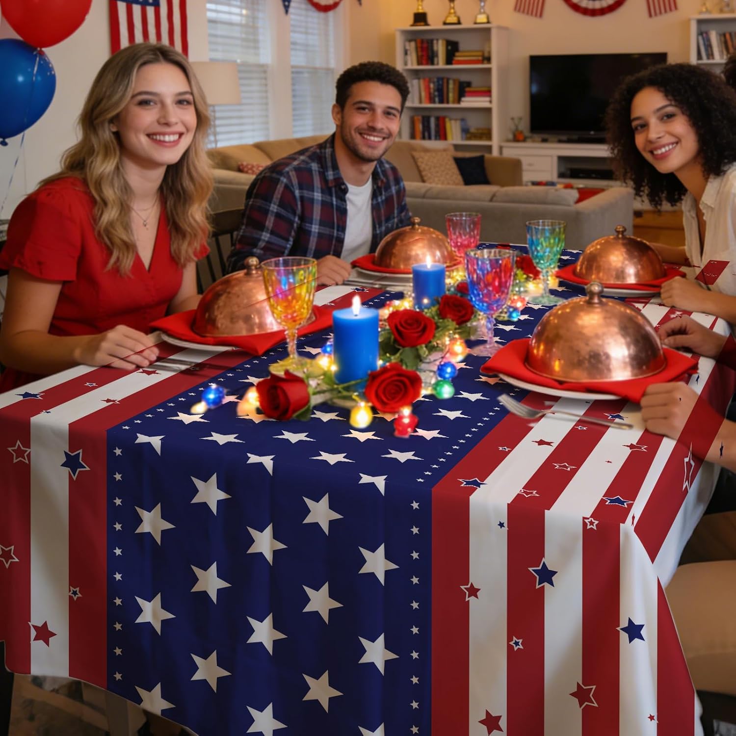 Skiennix 6 Pack Disposable Plastic Tablecloths - Patriotic American Flag Design, 54" x 108" for Memorial Day Celebrations