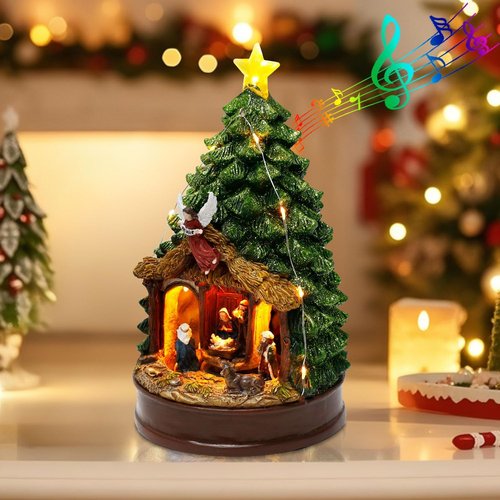 Innodept12 Christmas Tree Rotating Nativity Scene Figurines - Animated Holiday Decoration with Music, Angel & Star - 9.84" Collectible Tabletop Display