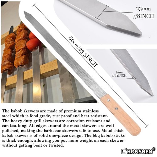 HONSHEN Flat Kabob Skewers 23.5 Inch Long,7/8 inch Wide Heavy Duty Stainless Steel Grilling BBQ Skewer with Wood Handle for Making Koubideh Persian Brazilian Chicken Shrimp ground meat kebab-Set of 12