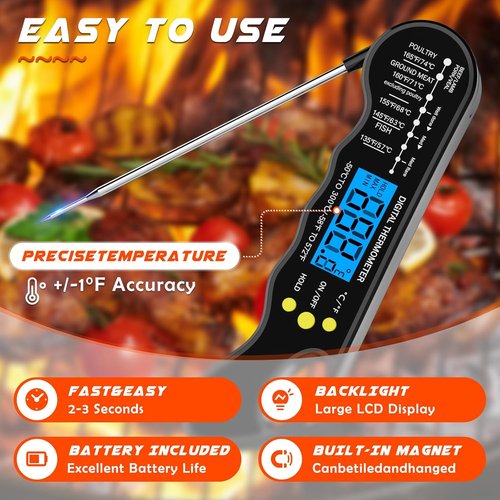 Instant Read Meat Thermometer - Fast & Accurate Digital Food Thermometer with Magnet & Backlight (Black)