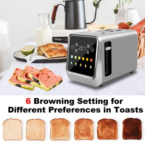 Touch Screen Toaster 2 Slice, Bagel Toasters with LCD Display, Stainless Steel Smart Digital Toasters with Single Slot Toasting,Extra Wide Slots Toaster with Memory/Bagel/Defrost/Reheat Functions