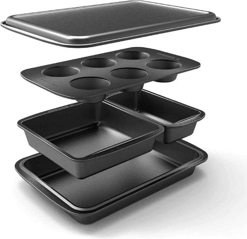 Baker's Secret Stackable Baking Set - 5 Essential Bakeware Pans | Muffin, Roaster, Square, Cookie & Loaf Pan