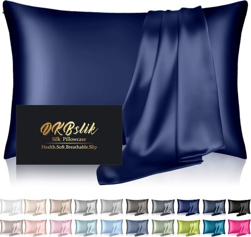 Mulberry Silk Pillowcase by Skiennix - Anti-Acne Cooling Sleep Pillow Cover | Standard Size, Navy Blue