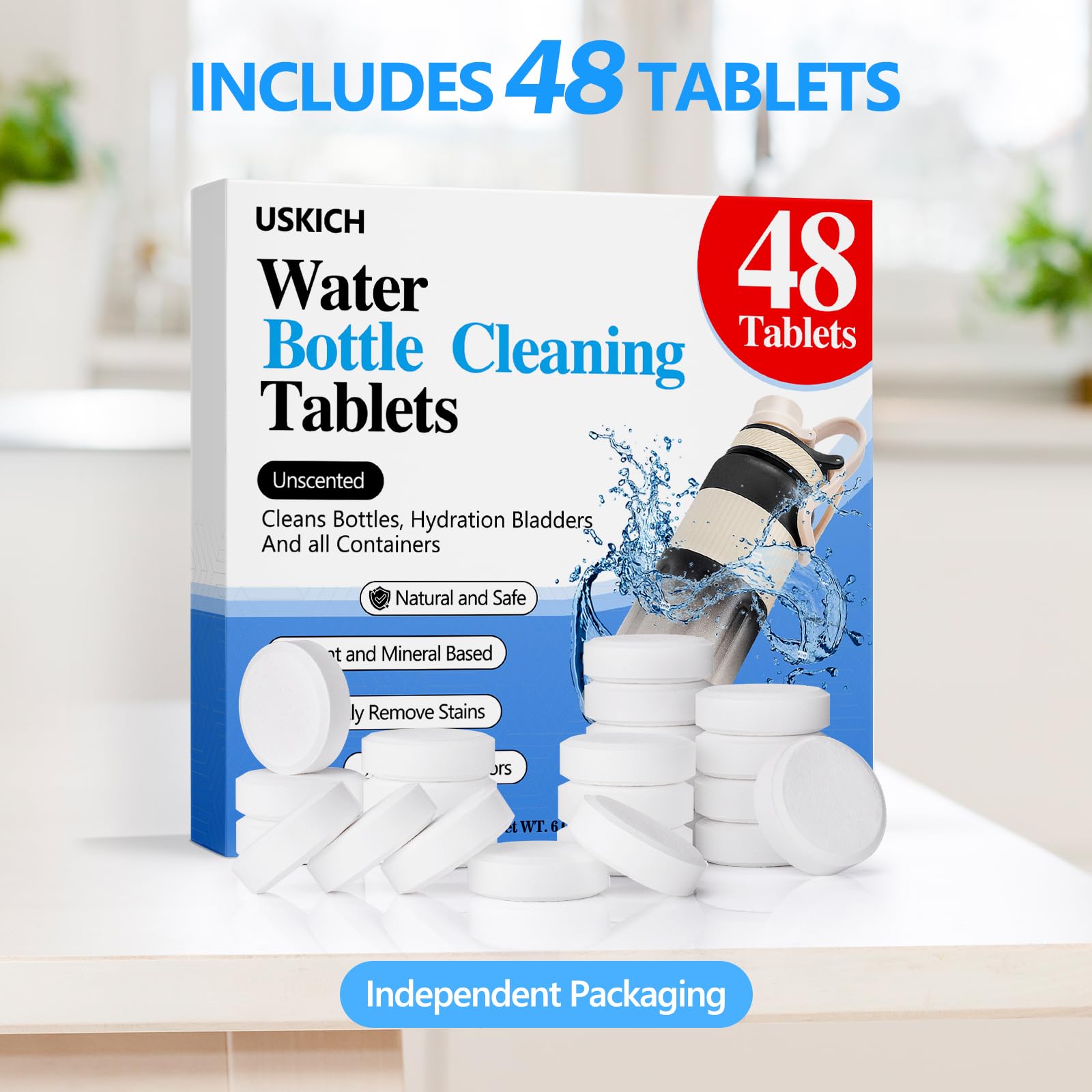USKICH 48 Pack Water Bottle Cleaning Tablets,Water Bottle Cleaner Great for Stainless Steel, Thermos, Tumbler, Insulated and Reusable Water Bottles,Removes Stubborn Stains and Odors