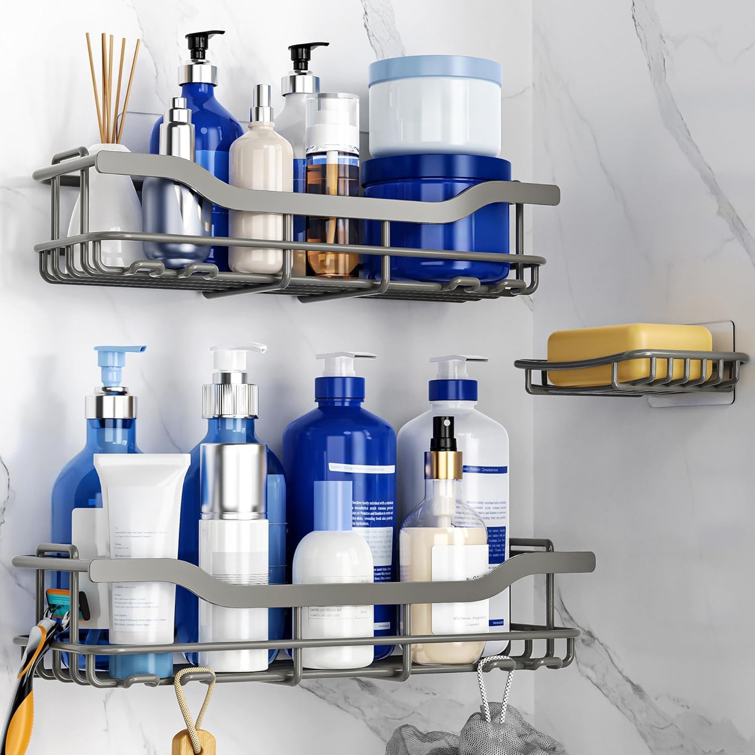 Omaira Shower Caddy - 3-Pack Adhesive Rustproof Organizer with Soap Holder for Smooth Walls | Grey, X-Large