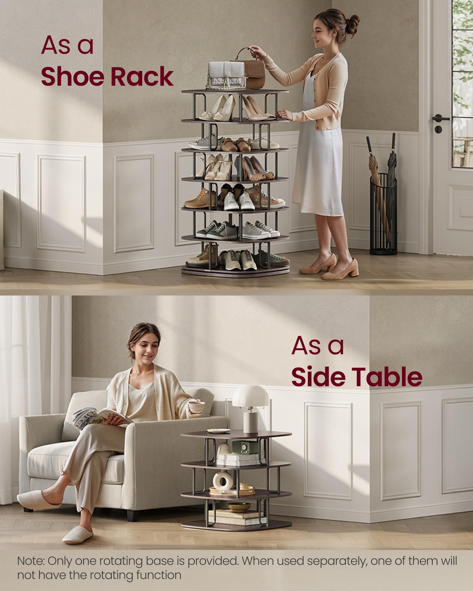 VASAGLE 7-Tier Shoe Rack, Rotating Shoe Rack Tower, Shoe Closet Organizer, Shoe Shelf, 28-35 Pairs, 23.6 x 23.6 x 47.2 Inches, for Entryway, Living Room, Closet, Ink Black and Ash Brown ULBS041B01