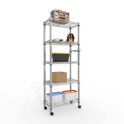 Metal Storage Shelves 5 Tier with Wheels, 1100 LBS Adjustable Wire Shelving Rack Shelves Units with Side Handle for Hanging, Rolling Shelf Organizer for Kitchen Garage, 11.8" W x 23.6" D x 61"H,Silver