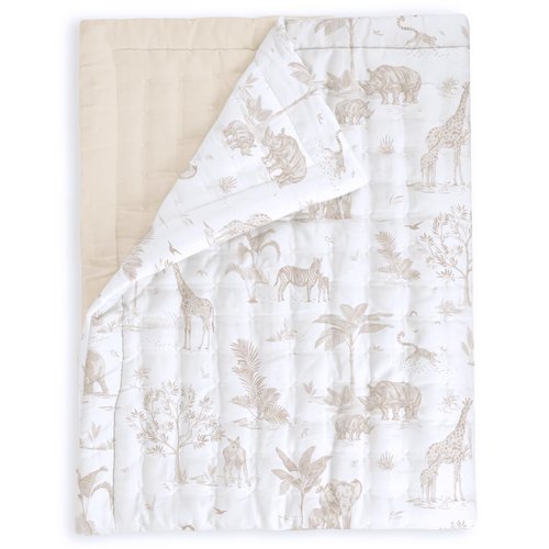 MakeMake Organics Organic Toddler Comforter GOTS Certified Organic Kids Blanket Cotton Infill Tufted - Reversible Ultra Soft Breathable Boys Girls (44"x60", Safari + Solid Oat)