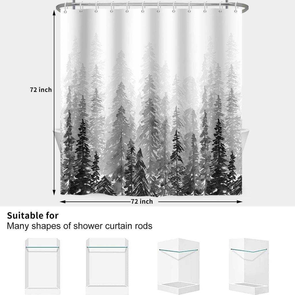 RiePoiia Black and White Misty Forest Shower Curtain for Bathroom,Waterproof Fabric Bathroom Curtains Washable Nature Pine Tree Fog Shower Curtain Set with 12 Pcs Hooks, 72x72 Inch