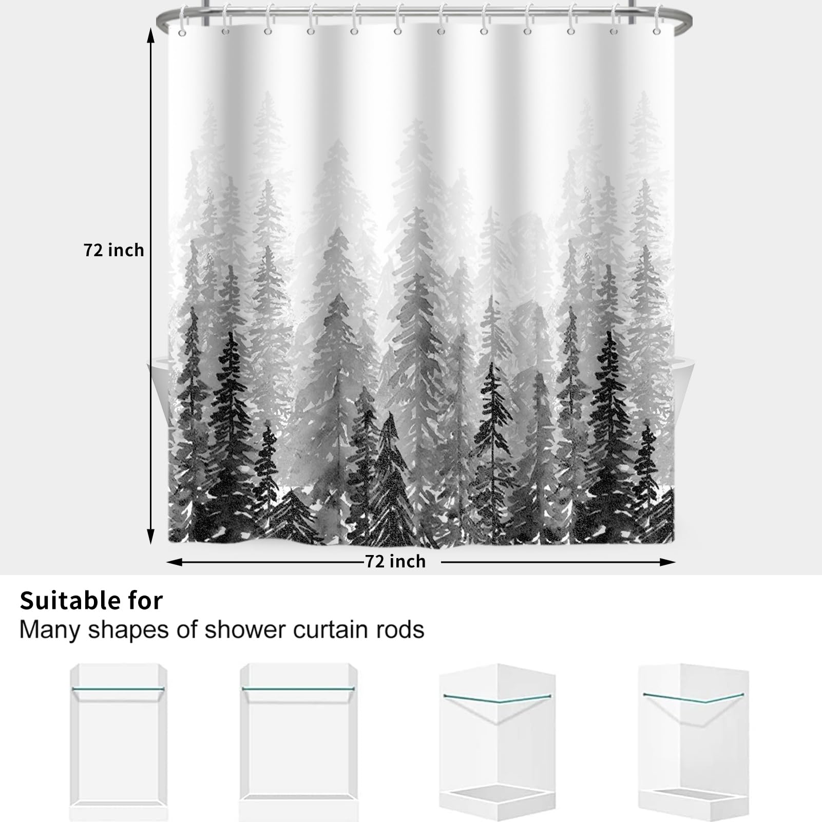 RiePoiia Black and White Misty Forest Shower Curtain for Bathroom,Waterproof Fabric Bathroom Curtains Washable Nature Pine Tree Fog Shower Curtain Set with 12 Pcs Hooks, 72x72 Inch