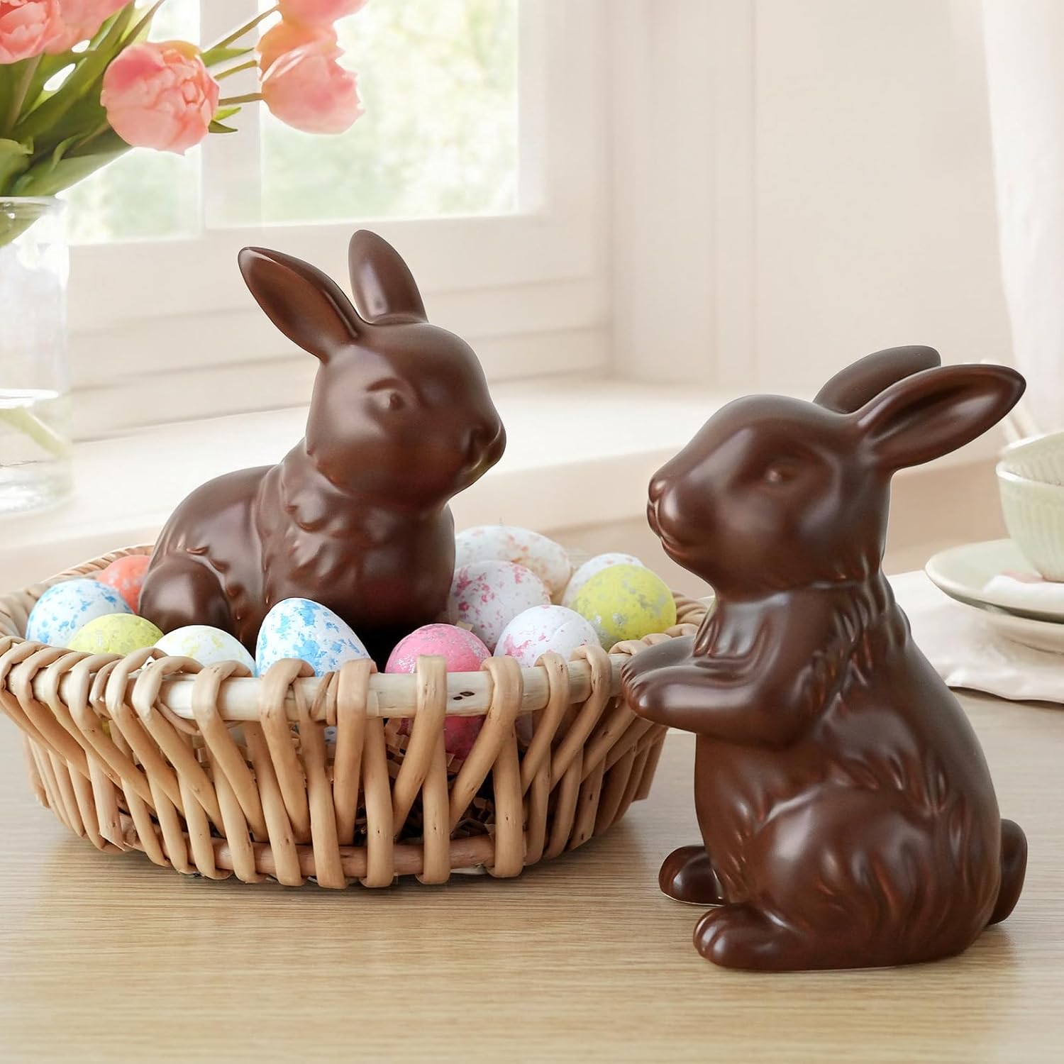 Zesua Easter Decorations - Elegant Ceramic Bunny Figurines Set of 2 | Modern Spring Home Decor