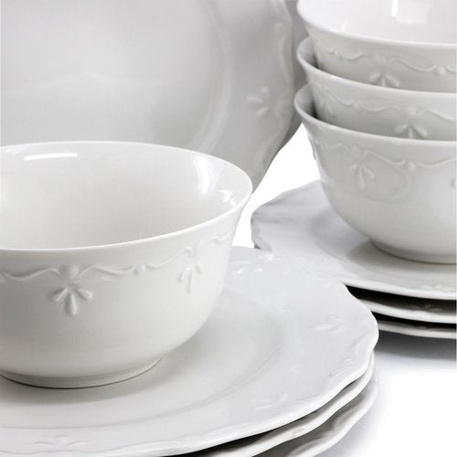 Elama Henryi 18 Piece Embossed Rim Detail Porcelain White Dinnerware Set, Tableware Set, Serveware (18 Piece)