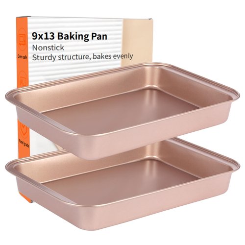 Barlket 9x13 Baking Pan, Rectangle Cake Pan Nonstick, Bakeware Baking Pans for Oven, Easy Clean, Carbon Steel Cake Pan for Lasagna Brownies Casseroles Cakes Pan, Rose Gold