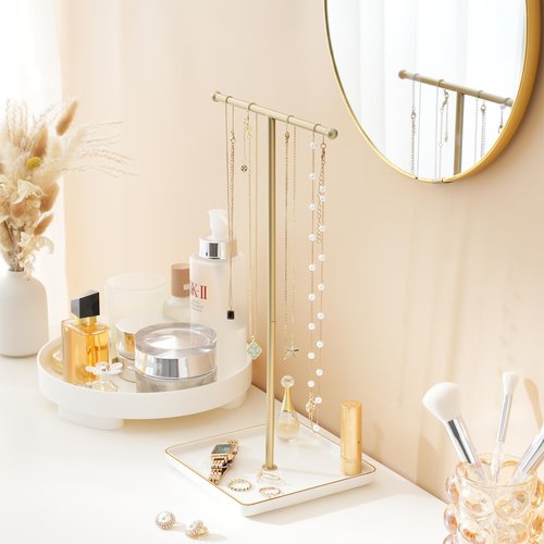 Lolalet Necklace Holder, Jewelry Display Stand with Ceramic Base Tray Jewelry Organizer Tree for Necklaces Bracelets Earrings Rings -White, 1 Tier