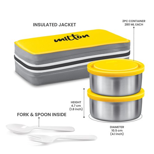 MILTON New Mini Lunch Insulated Tiffin with 2 Containers, 280 ml Each, Yellow
