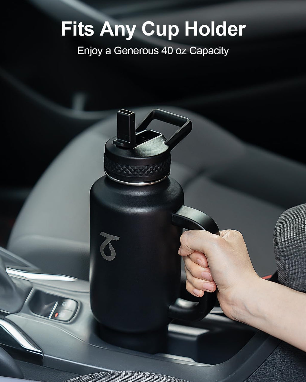 Trebo 40 oz Insulated Water Bottle - Stainless Steel Travel Flask with Handle & Leakproof Lid | Black