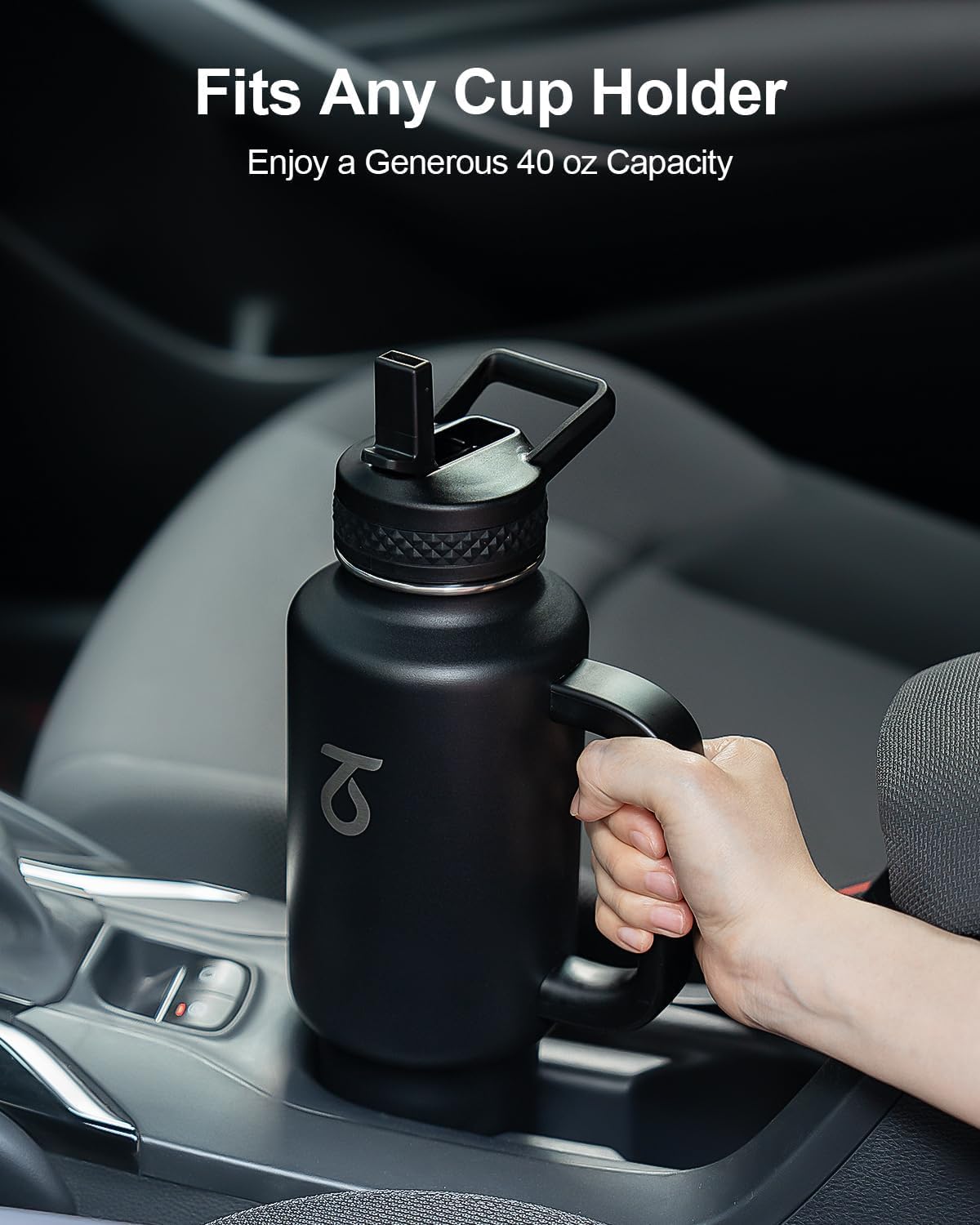 Trebo 40 oz Insulated Water Bottle - Stainless Steel Travel Flask with Handle & Leakproof Lid | Black