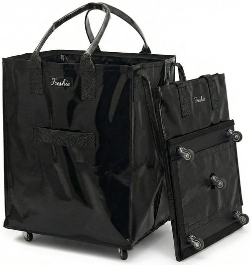 FRESHIE Reusable Grocery Bag On Wheels, Shopping Trolley, Rolling Tote, Zipper Closure, Lightweight, Carries Up to 66 lb, Folds Flat, Unbreakable Handles (Large, Black)