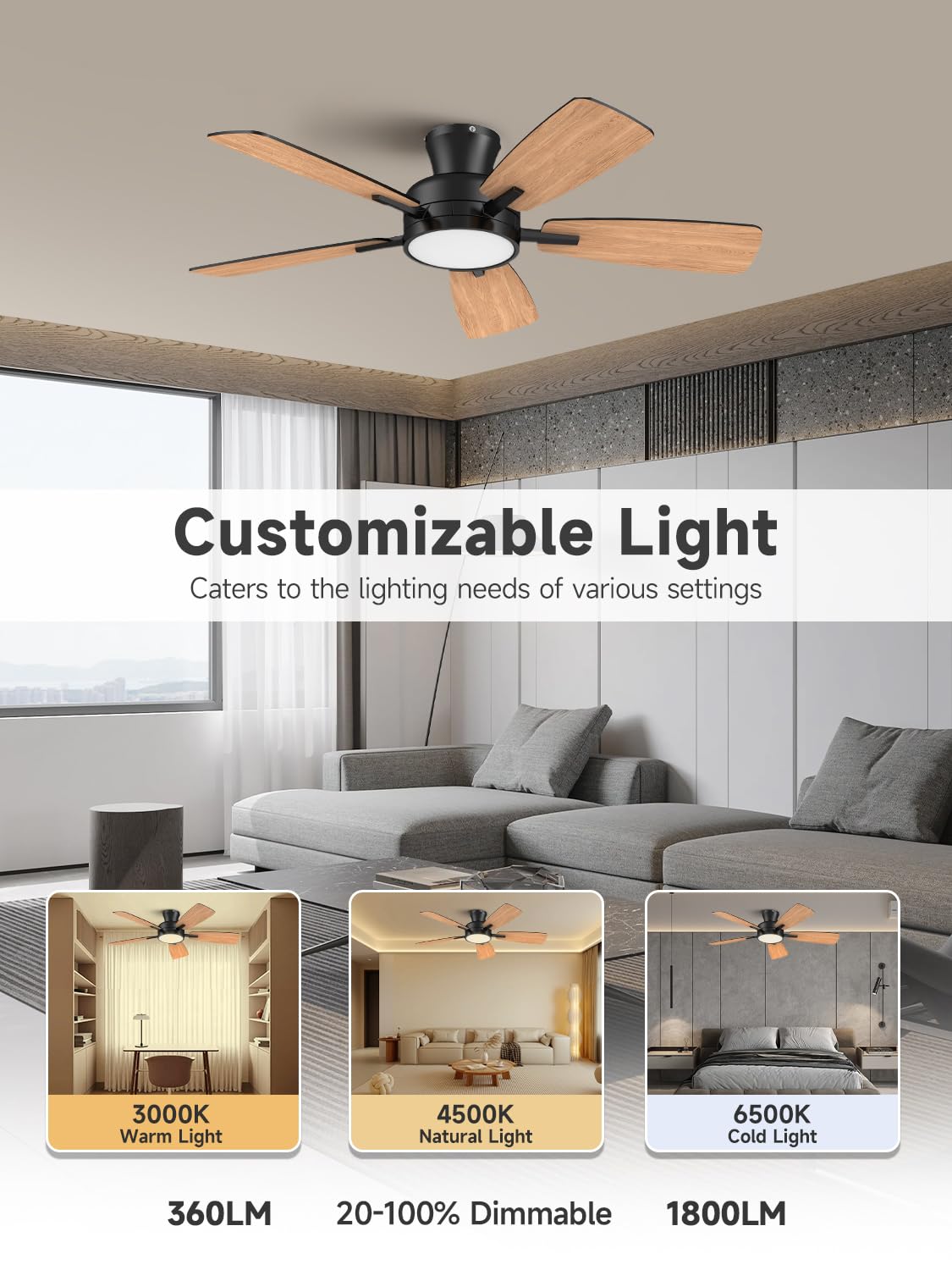TALOYA Ceiling Fans with Lights and Remote, 46 Inch Low Profile Ceiling Fan with Light, Flush Mount, Reversible, 3CCT, Dimmable Black Modern Ceiling Fan for Bedroom, Living Room, Outdoor Patio