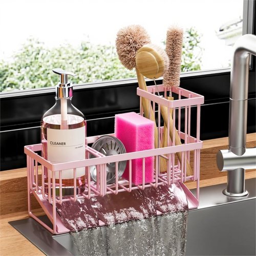 Cisily Kitchen Sink Caddy Organizer - Rustproof Stainless Steel with Brush & Sponge Holder | Pink