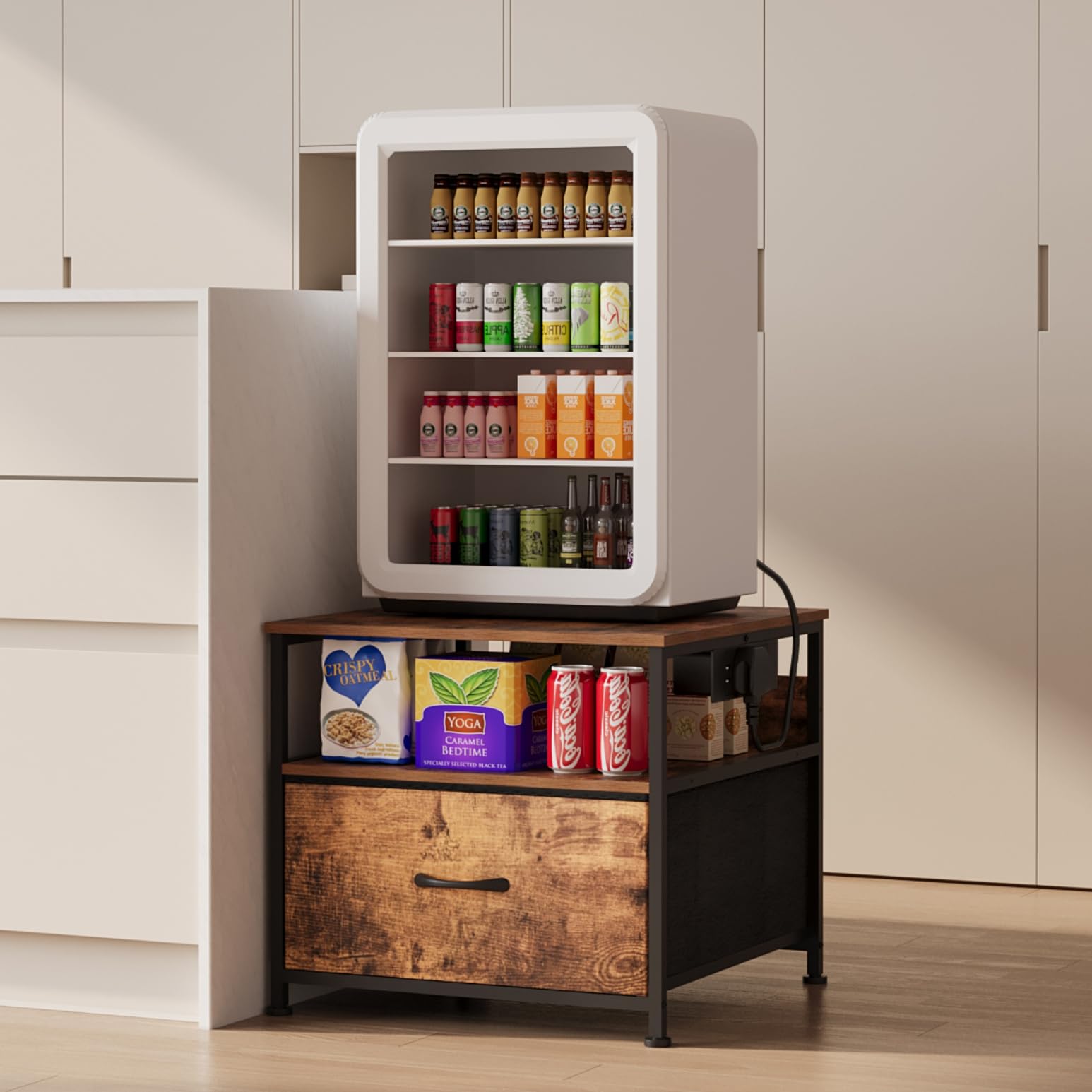 Unionly 180 lb Mini fridge Table with Drawer fridge Shelf, Smal fridge cabinet with storage,Heavy Duty Mini Fridge Standwith Charging Station, 4 Adjustable Feet for Home Kitchen Rustic Brown