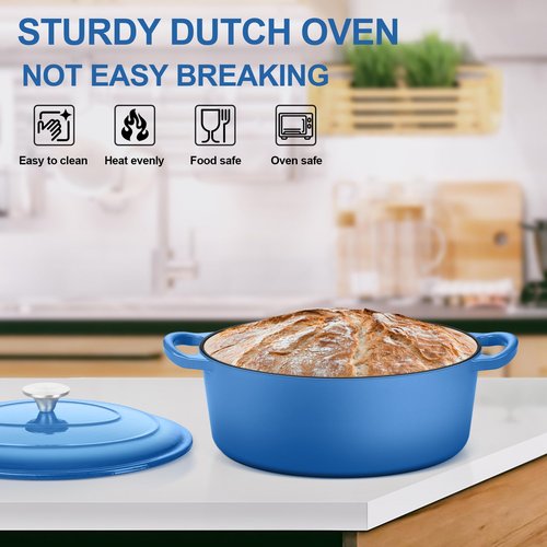 E-far 5QT Oval Dutch Oven Pot with Lid, Enameled Cast Iron Dutch Oven with Dual Handles for Sourdough Bread Baking Cooking, Nonstick Enamel Coated Cookware(Blue), Non-Toxic & Easy Clean