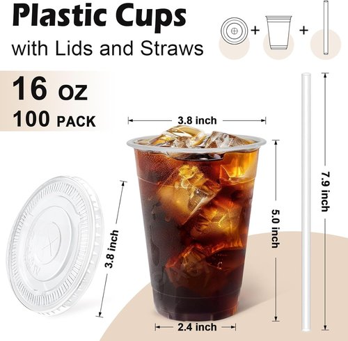 Lamosi 100 Pack Clear Plastic Coffee Cups - 16 oz with Lids & Straws for Iced Beverages | Disposable Drinkware