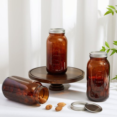 Norme 3 Pcs 64 oz Glass Mason Jars Glass Mason Jars Canning Container Set Embossed Half Gallon Fermenting Container with Airtight Lids for Canning Freezing Preserving Beverages Decor (Amber)