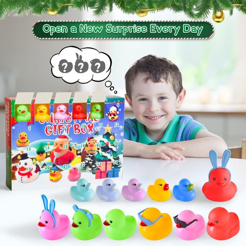 2025 Christmas Advent Calendar Ducks, 24 Days Christmas Countdown Rubber Ducks, Xmas Party Favor Gifts Boxes, Rubber Ducky Bath Toy for Boys Girls Toddlers Kids, 1 PCS