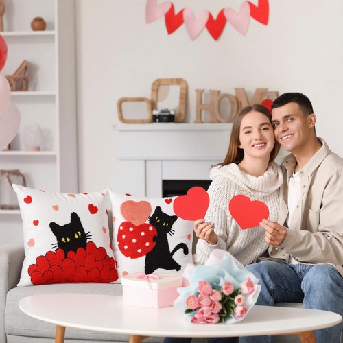 Mindsoft 2 Pcs Valentines Day Pillow Covers 18 x 18 Inch Embroidery Cushion Covers Red Heart Throw Pillowcase Cute Black Cat Pillow Cover Valentine Home Decor for Chair Sofa Bedroom Living Room